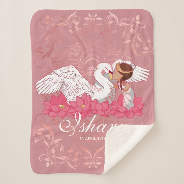 Baby Girl Saraswati with her White Swan Sherpa Blanket (Front)