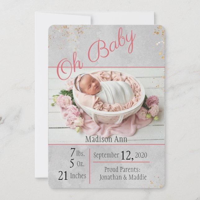 Baby Girl Script Personalise Date Birth Announcement (Front)