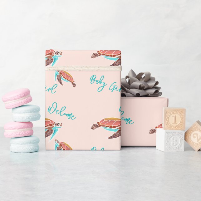 Baby Girl Sea Turtles Pink Custom Text Wrapping Paper (Baby Shower)