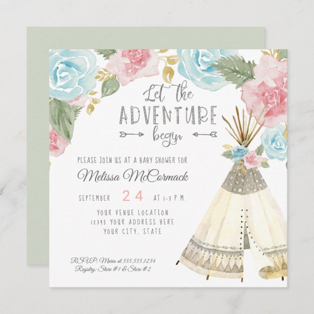 Baby Girl Shower Adventure Begin Teepee Mint Green Invitation (Front/Back)