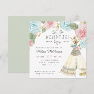 Baby Girl Shower Adventure Begin Teepee Mint Green Invitation
