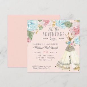 Baby Girl Shower Adventure Begin Teepee w Roses Invitation