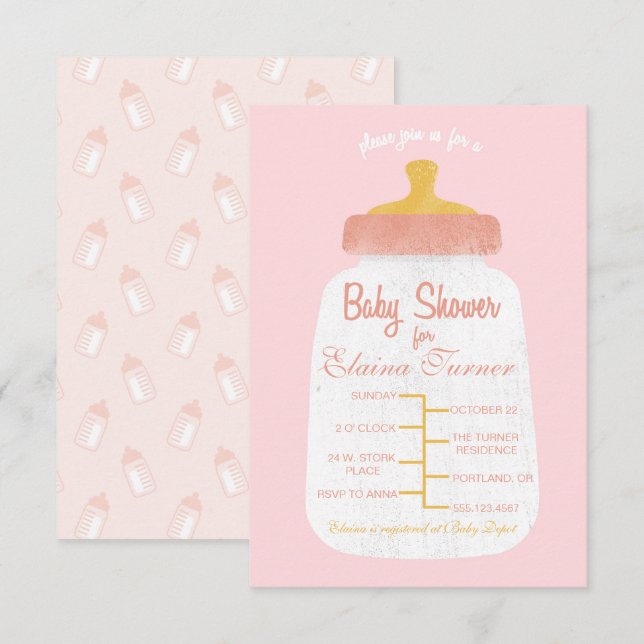 Baby Girl Shower Baby Bottle Invitation (Front/Back)