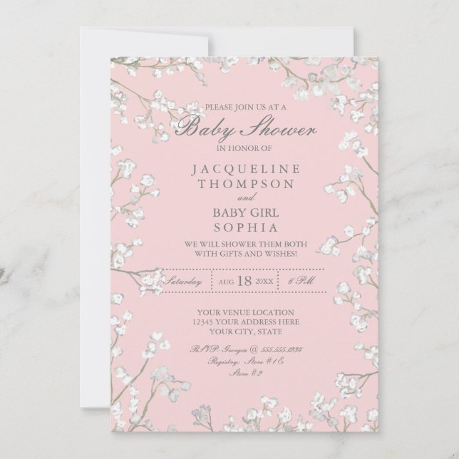Baby Girl Shower Babys Breath Flower Floral Wreath Invitation (Front)