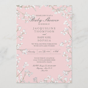Baby Girl Shower Babys Breath Flower Floral Wreath Invitation