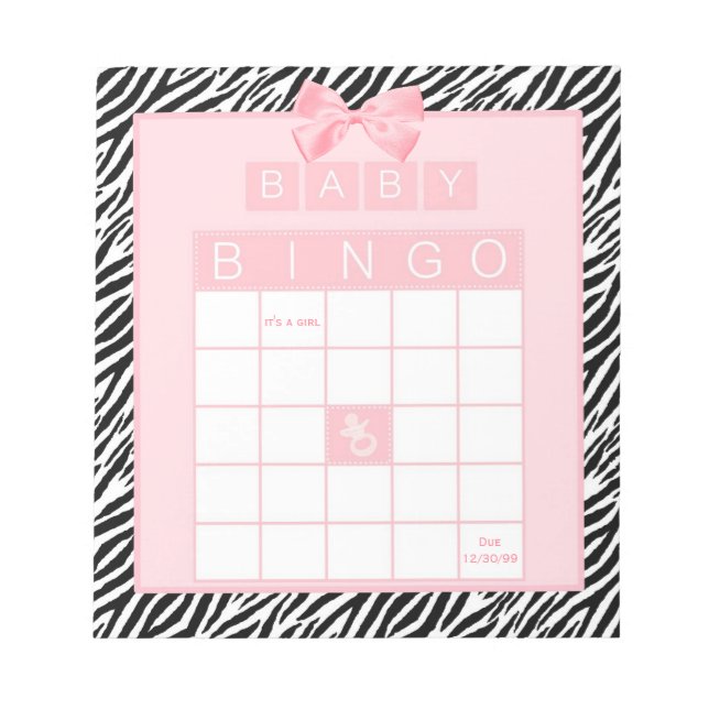 Baby Girl Shower Bingo Pink Ribbon Zebra Print Notepad (Front)