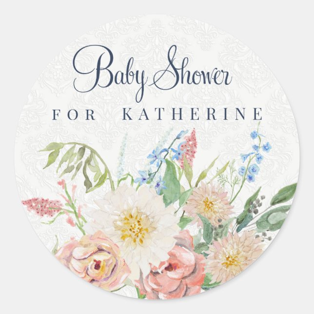 Baby Girl Shower Blush Pink Floral Leaf Greenery Classic Round Sticker (Front)