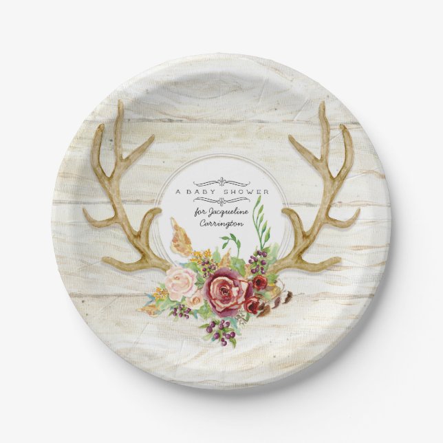 Baby Girl Shower Boho Deer Antler Burgundy Rose Paper Plate (Front)