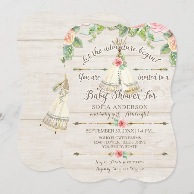 Baby Girl Shower BOHO Teepee Arrow Barn Wood Board Invitation (Front/Back)