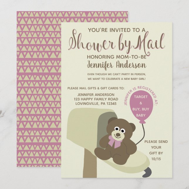 Baby Girl Shower by Mail Teddy Bear Invitation (Front/Back)