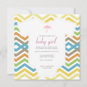 Baby girl shower chevron shirt umbrella pink white invitation