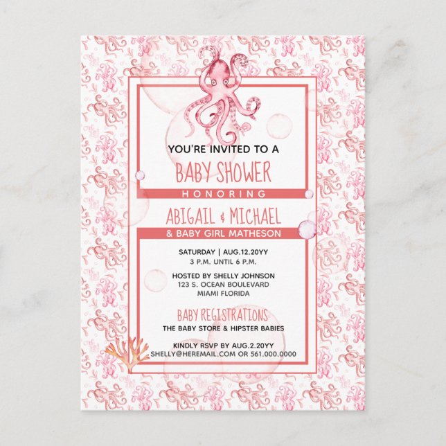Baby Girl Shower Coral Pink Octopus Ocean Life Invitation Postcard (Front)