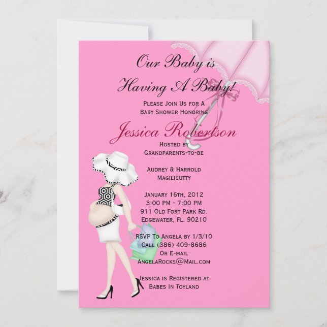 Baby Girl Shower, Cute Baby Umbrella with Gifts, Invitation (Front)