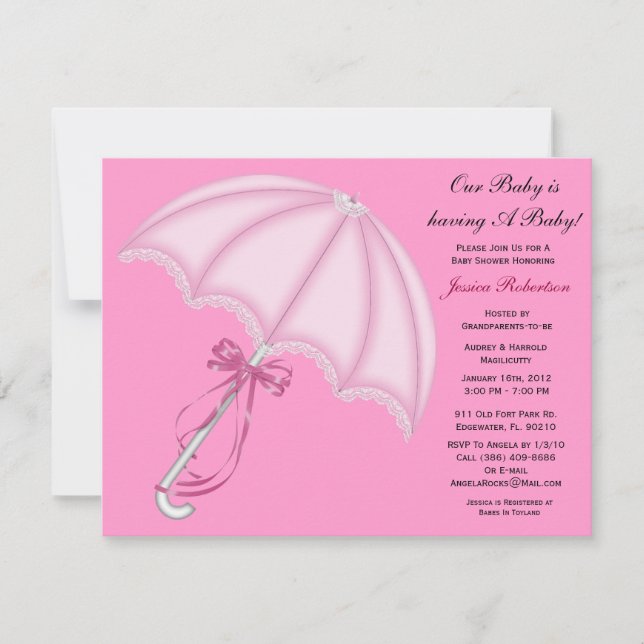 Baby Girl Shower, Cute Baby Umbrella with Gifts, Invitation (Front)