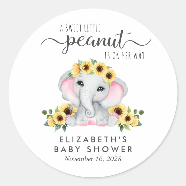 Baby Girl Shower Cute Elephant Sunflowers Classic Round Sticker (Front)