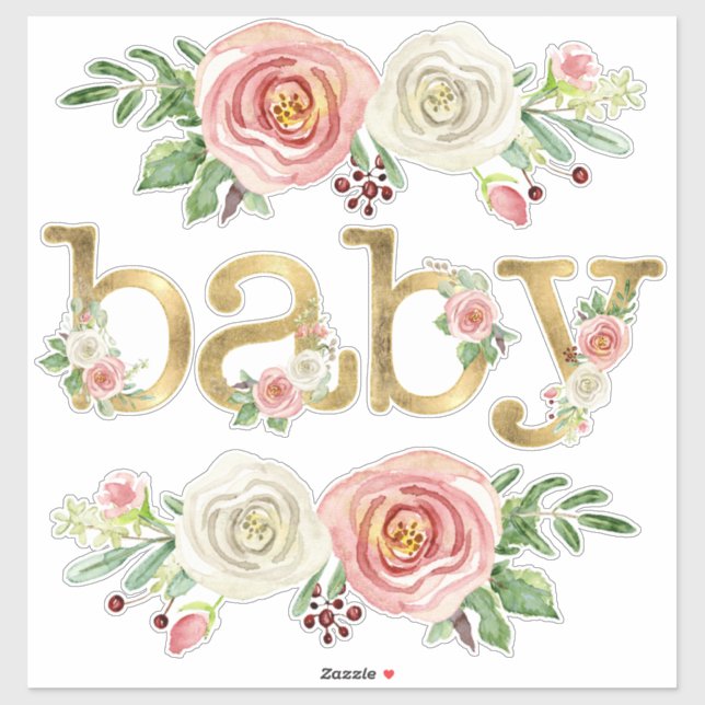 Baby Girl Shower Decor Watercolor Floral w Gold (Sheet)