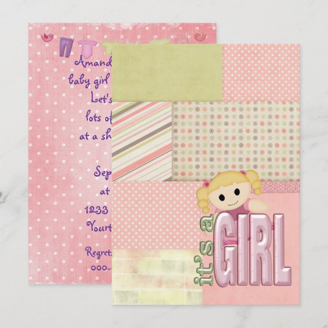 Baby Girl Shower-doll on quilt design Invitation (Front/Back)