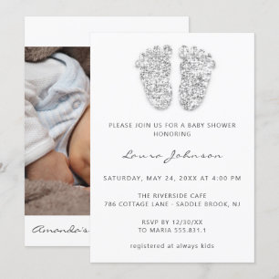 Baby Girl Shower Feet Glitter White Gray Photo Inv Invitation