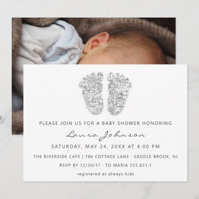 Baby Girl Shower Feet Glitter White Grey Photo Invitation (Front/Back)