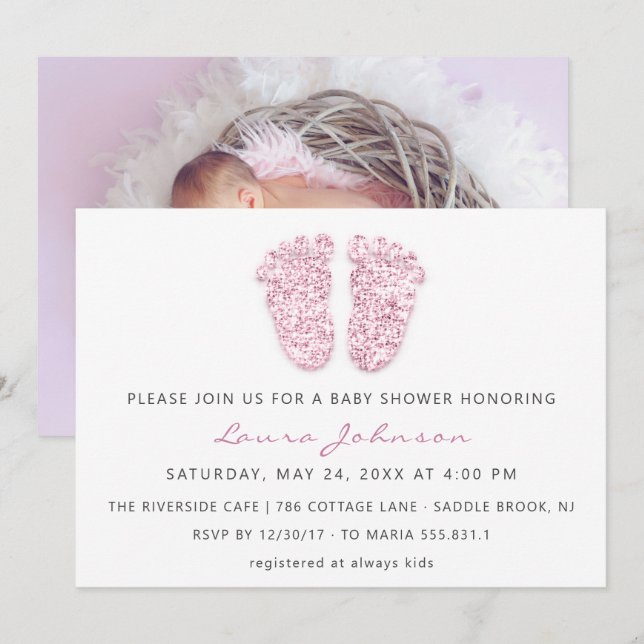 Baby Girl Shower Feet Glitter White Pink Photo Invitation (Front/Back)