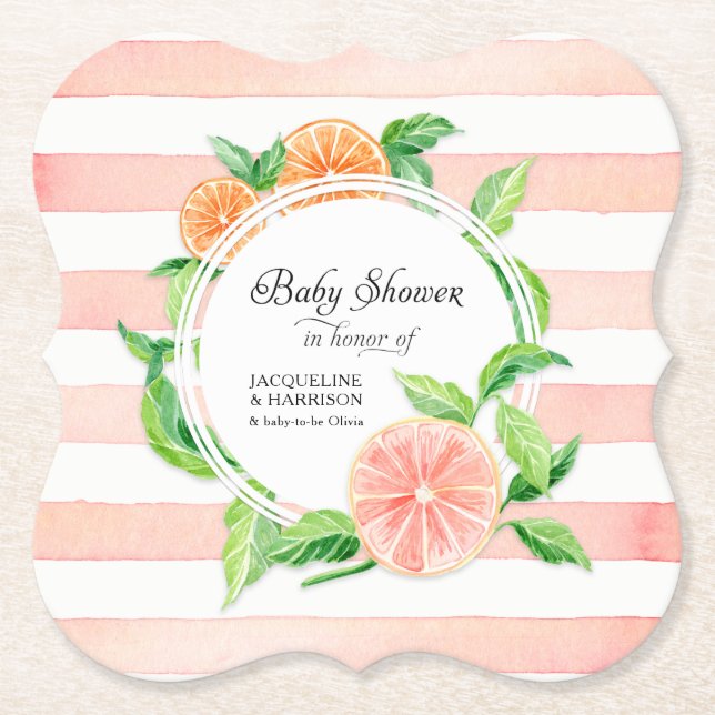 Baby Girl Shower Grapefruit Citrus Theme Pink Paper Coaster (Front)
