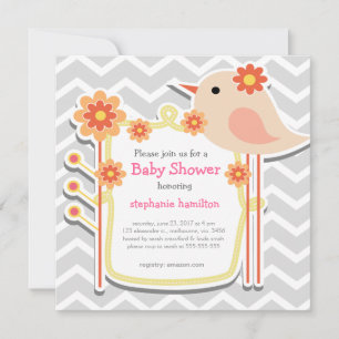 Baby girl shower grey chevron flower birds invitation