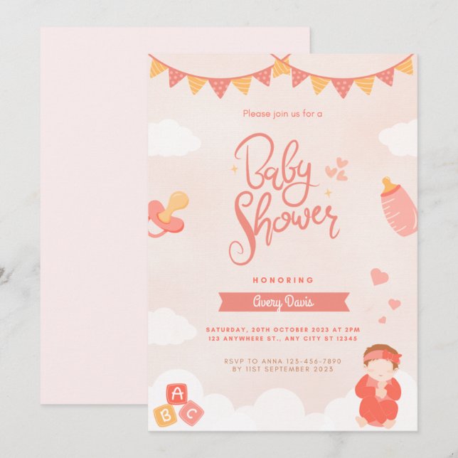 baby girl shower invitation cute (Front/Back)