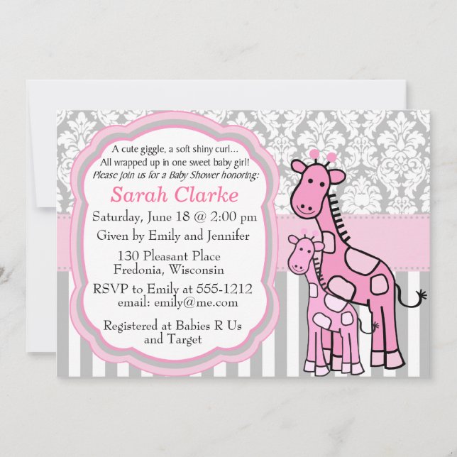 Baby Girl Shower Invitation pink giraffe customise (Front)
