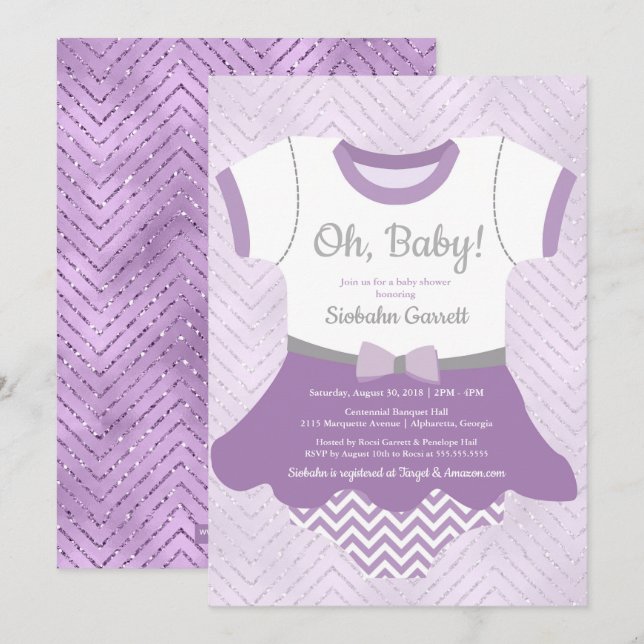 Baby girl Shower invitation, purple lavender glit Invitation (Front/Back)