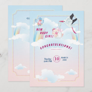 baby girl shower invitation with a funny stork