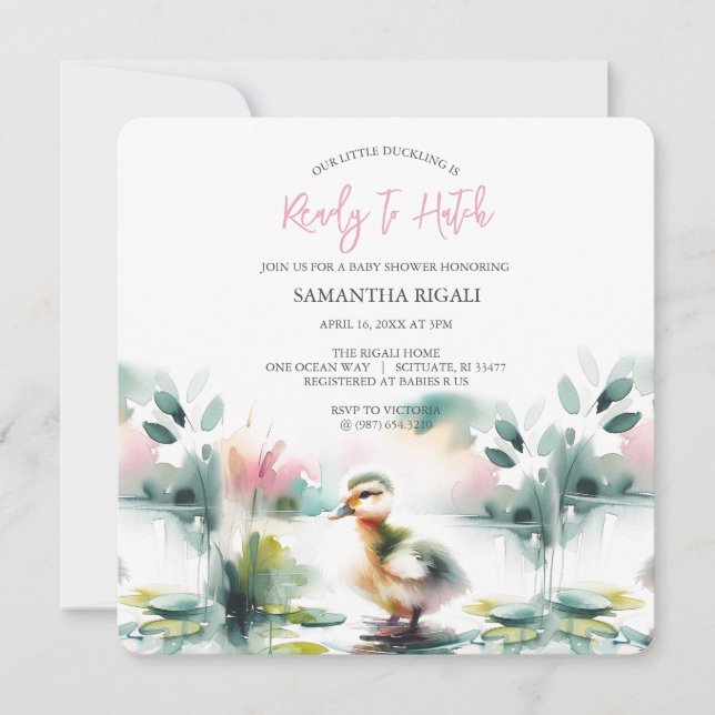 Baby Girl Shower Invitations Pink Watercolor Duck (Front)