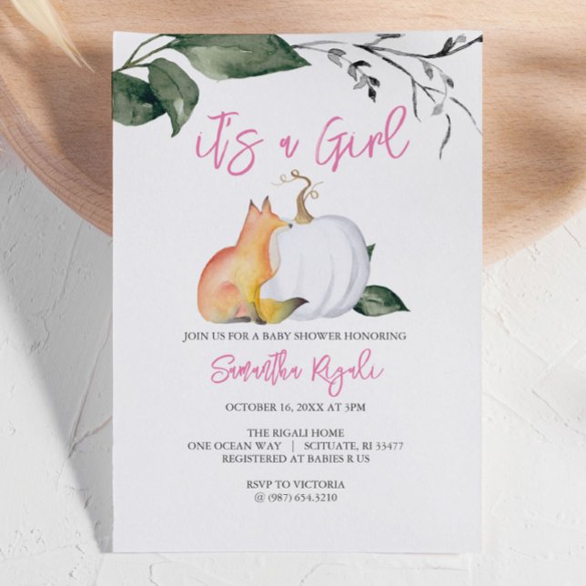 Baby Girl Shower Invitations Pumpkin and Fox (Autumn-themed baby shower invites white pumpkin with fox and foliage girl)