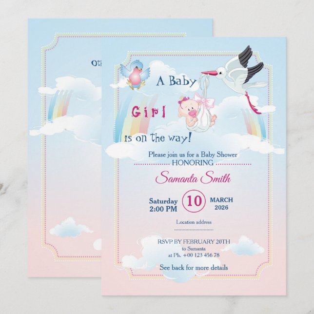 baby girl shower invite  with a funny stork (Front/Back)