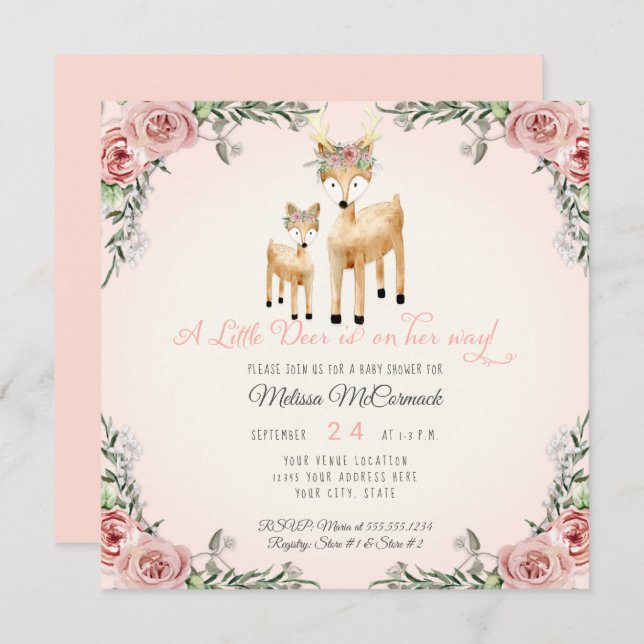 Baby Girl Shower Little Deer Antler Roses Square Invitation (Front/Back)