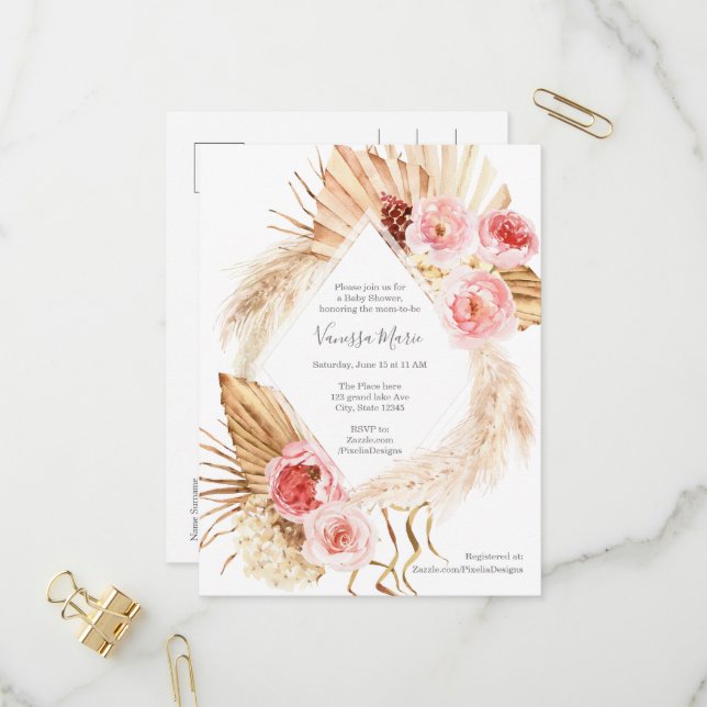 Baby Girl Shower Modern Boho Pampas grass floral Invitation Postcard (Front/Back In Situ)