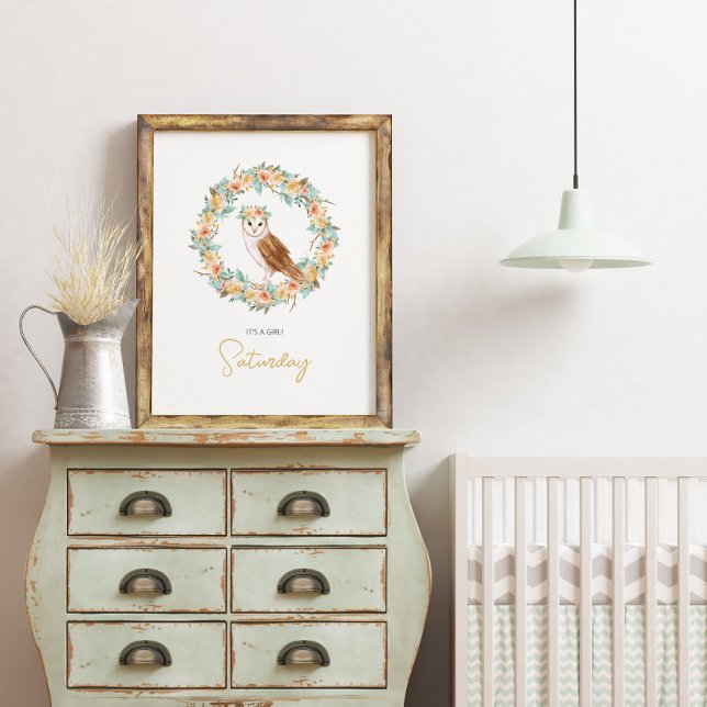 Baby Girl Shower Name Owl Woodland Nursery Poster (Creator Uploaded)
