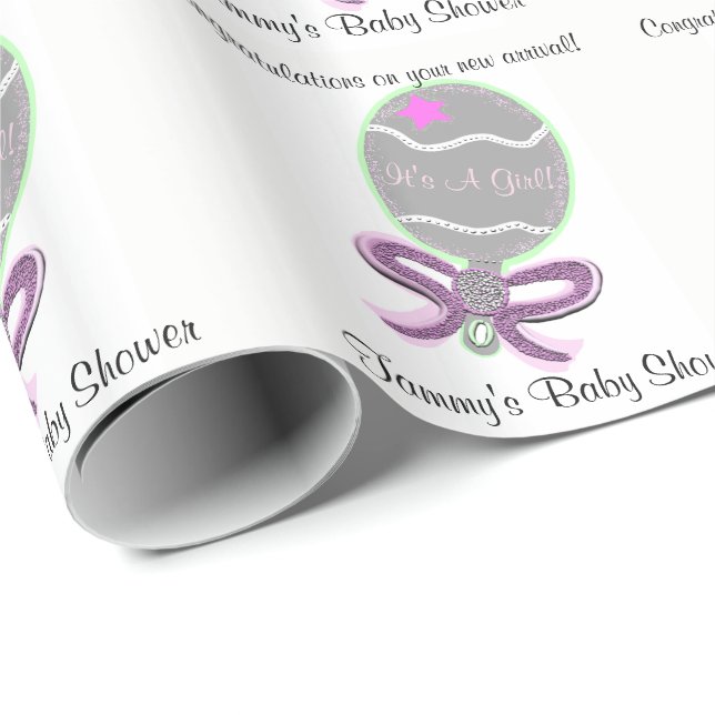Baby Girl Shower Pink Baby Rattle Wrapping Paper (Roll Corner)