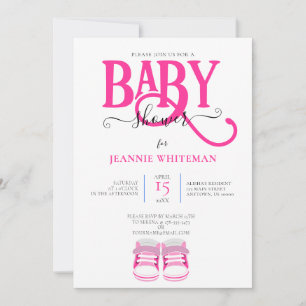 BABY GIRL SHOWER, PINK BOOTIES, PINK TYPOGRAPHY INVITATION