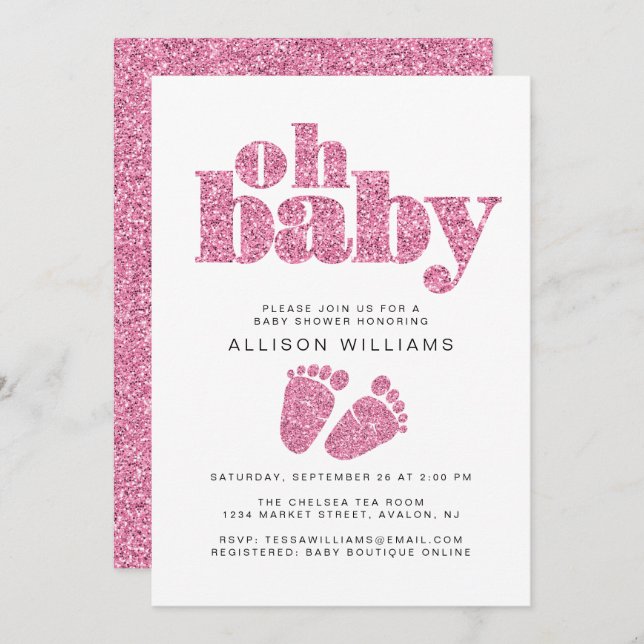 Baby Girl Shower Pink Glitter Invitation (Front/Back)