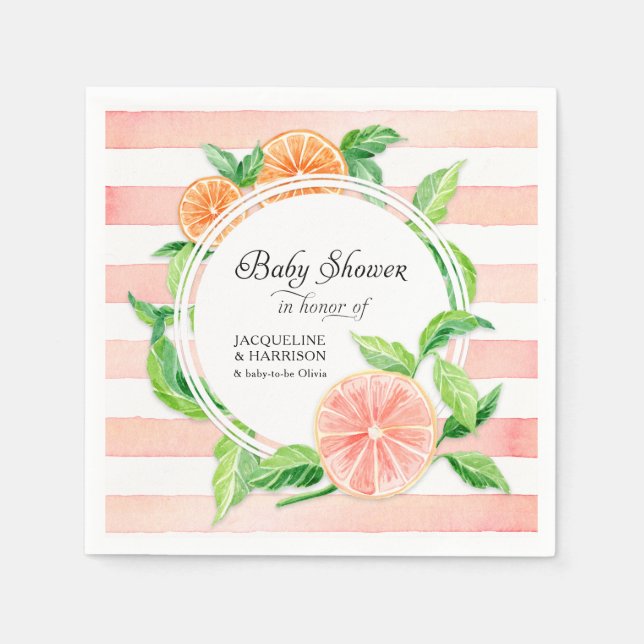 Baby Girl Shower Pink Grapefruit Citrus Watercolor Napkin (Front)