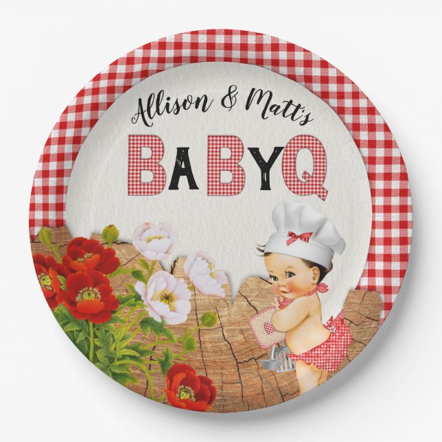 Baby Girl Shower Red Gingham Baby Q Barbeque Paper Plate (Front)