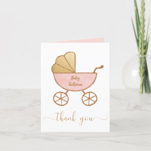 Baby Girl Shower Retro Carriage Pink Gold Thank You Card