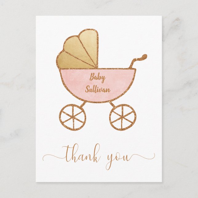 Baby Girl Shower Retro Carriage Pink Thank You Postcard (Front)