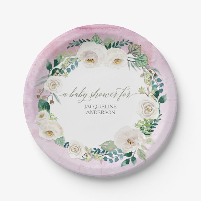 Baby Girl Shower Rustic Wreath Lavender White Rose Paper Plate (Front)