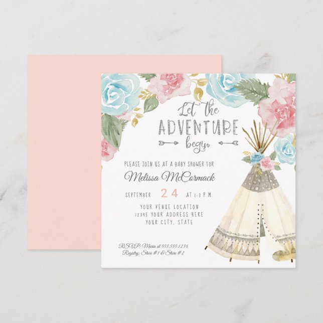 Baby Girl Shower Teepee Let the Adventure Begin Invitation (Front/Back)