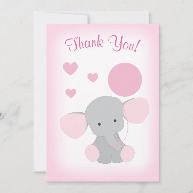 Baby Girl Shower Thank You Card Elephant Pink Grey (Front)