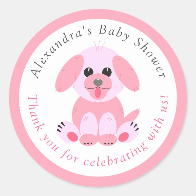 Baby Girl Shower Thank You Personalised Puppy Pink Classic Round Sticker (Front)