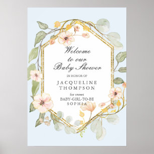 Baby Girl Shower Welcome Dusty Blue Fall Floral Poster