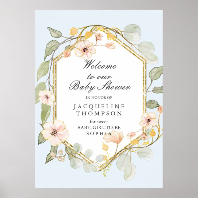 Baby Girl Shower Welcome Dusty Blue Fall Floral Poster (Front)