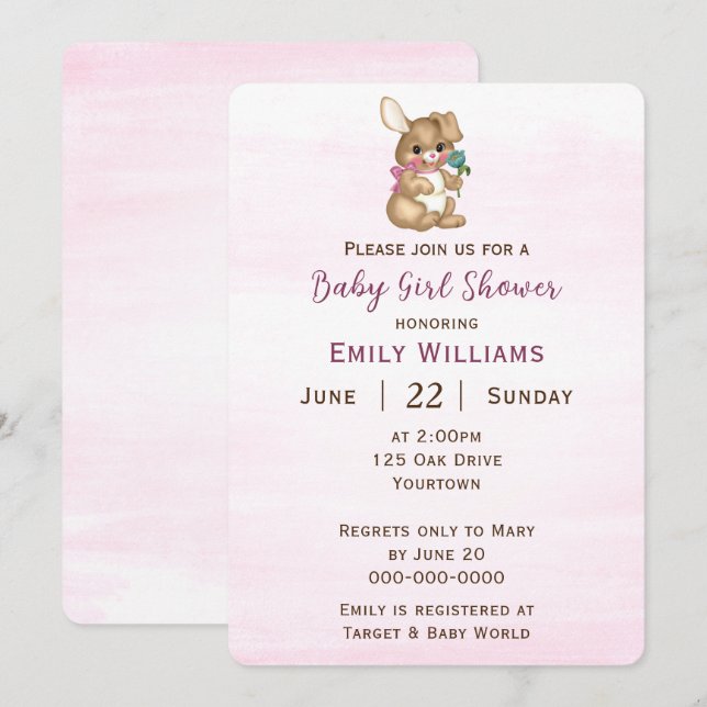 Baby Girl Shower With Bunny Invitation (Front/Back)